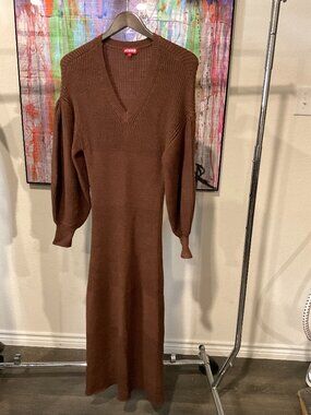 STAUD Brown Knit Sweater Midi Dress Small V Neck Puff Sleeve